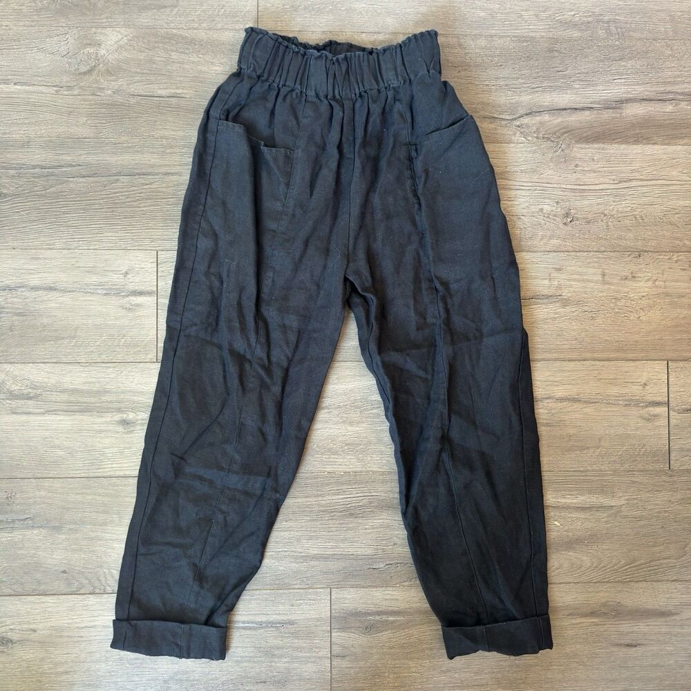 Ozma Pull On Pants Silk / Linen Cropped Tie Waist Pants Black Women’s SMALL
